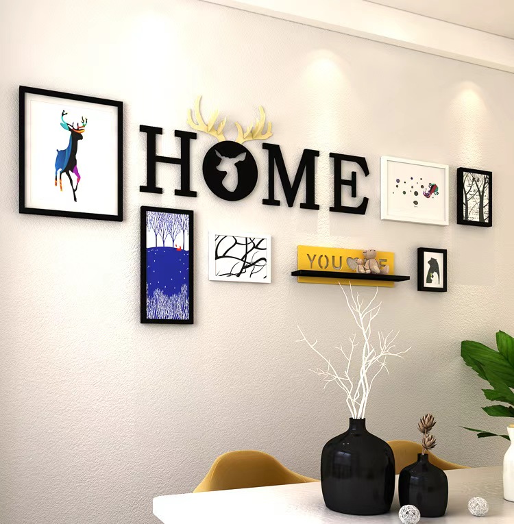 Ensemble tableaux avec message en bois HOME, avec étagère 